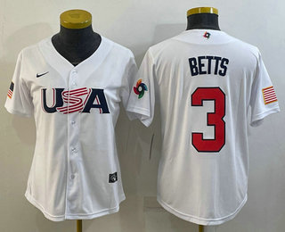Women%27s USA Baseball #3 Mookie Betts 2023 White World Classic Replica Stitched Jersey